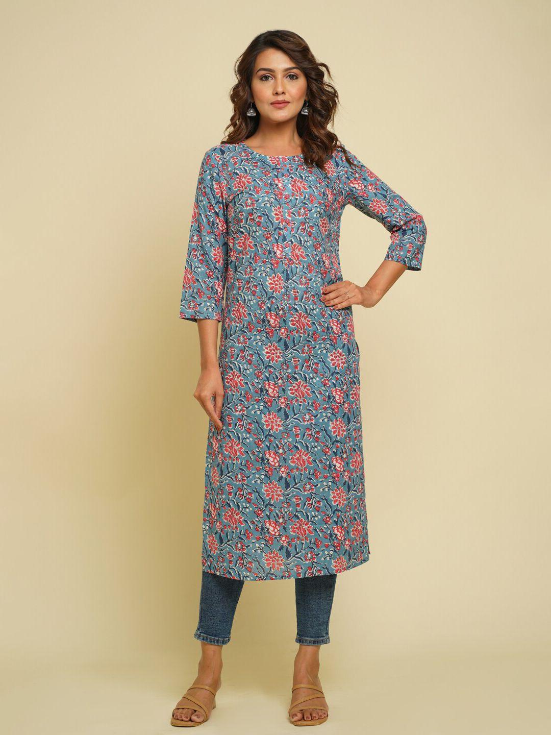 crafted for you women blue & pink floral printed pure cotton kurta