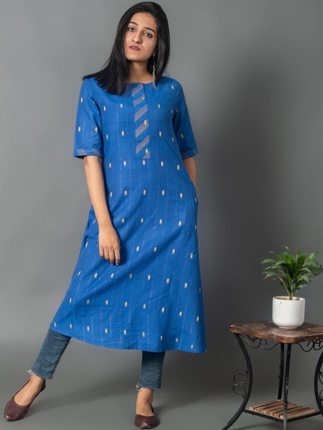 crafted for you women blue printed cotton a-line kurta