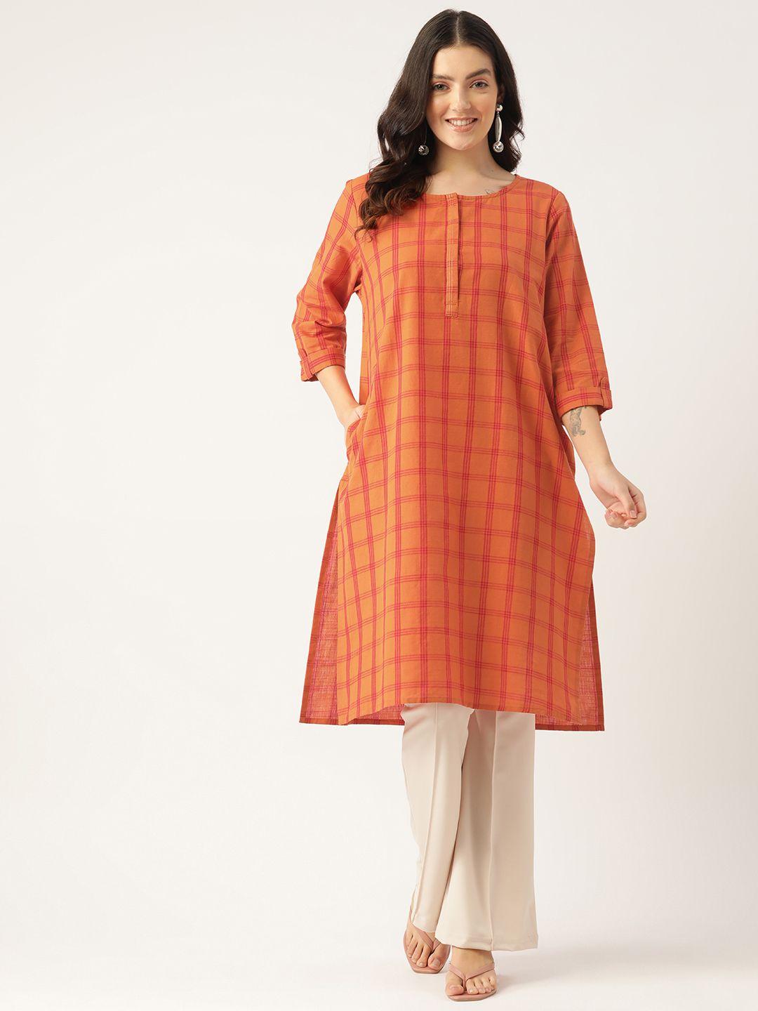 crafted for you women checked straight kurta