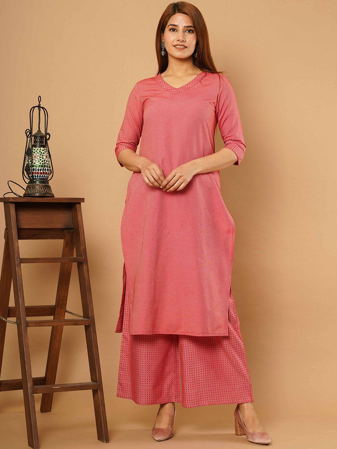 crafted for you women coral pure cotton kurta with palazzos