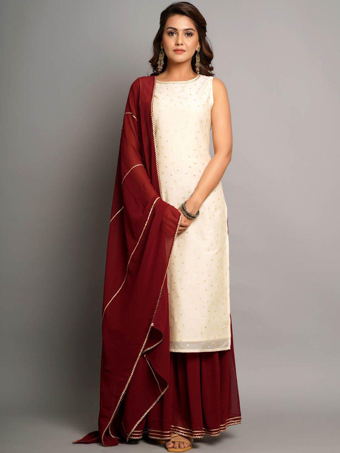 crafted for you women cream embroidered kurta with sharara & dupatta