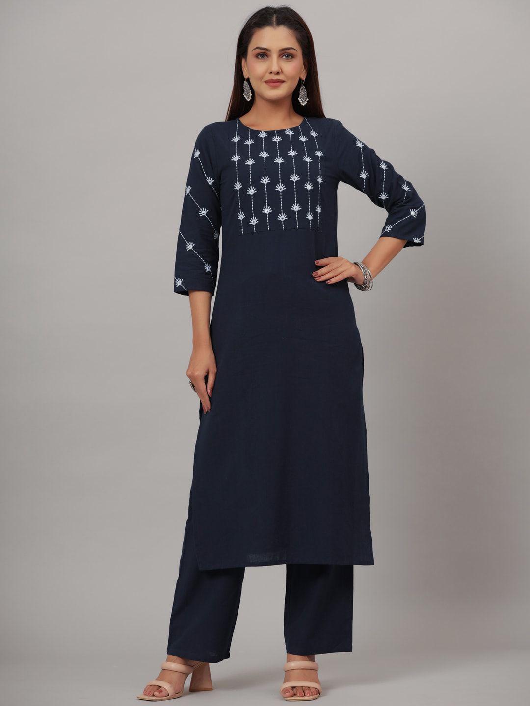 crafted for you women embroidered thread work pure cotton kurta with trousers