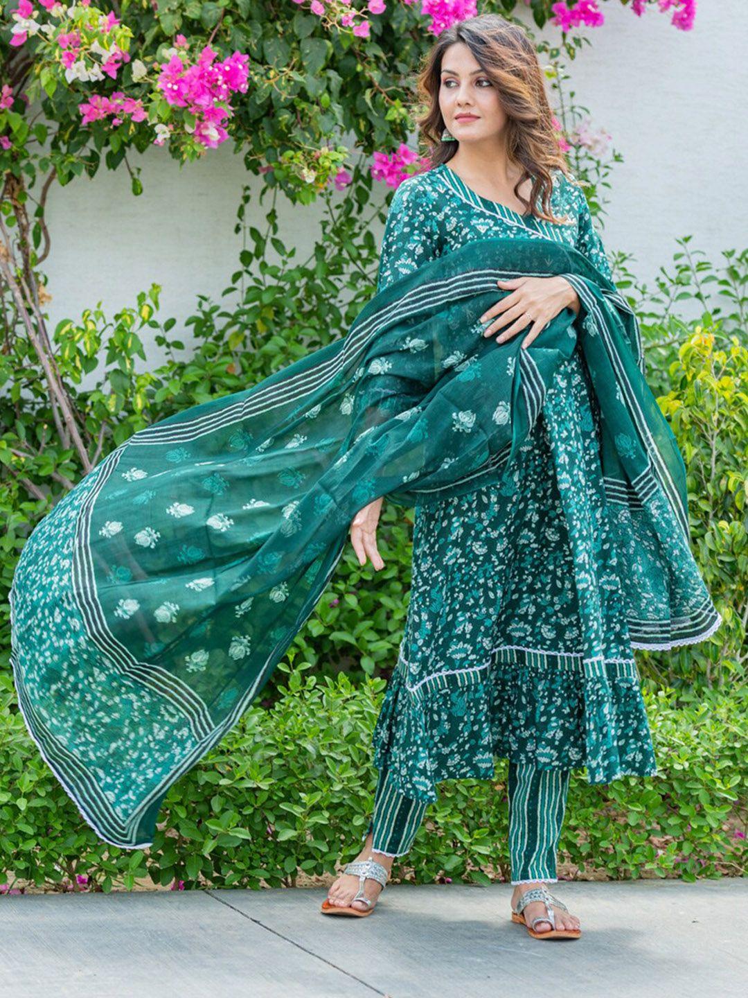 crafted for you women green floral printed pure cotton kurti with trousers & dupatta