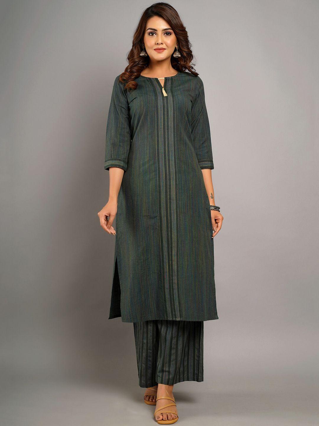 crafted for you women green striped thread work pure cotton kurta with palazzo set