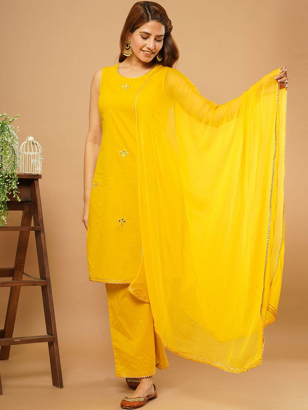 crafted for you women mustard yellow pure cotton kurta with trousers & with dupatta