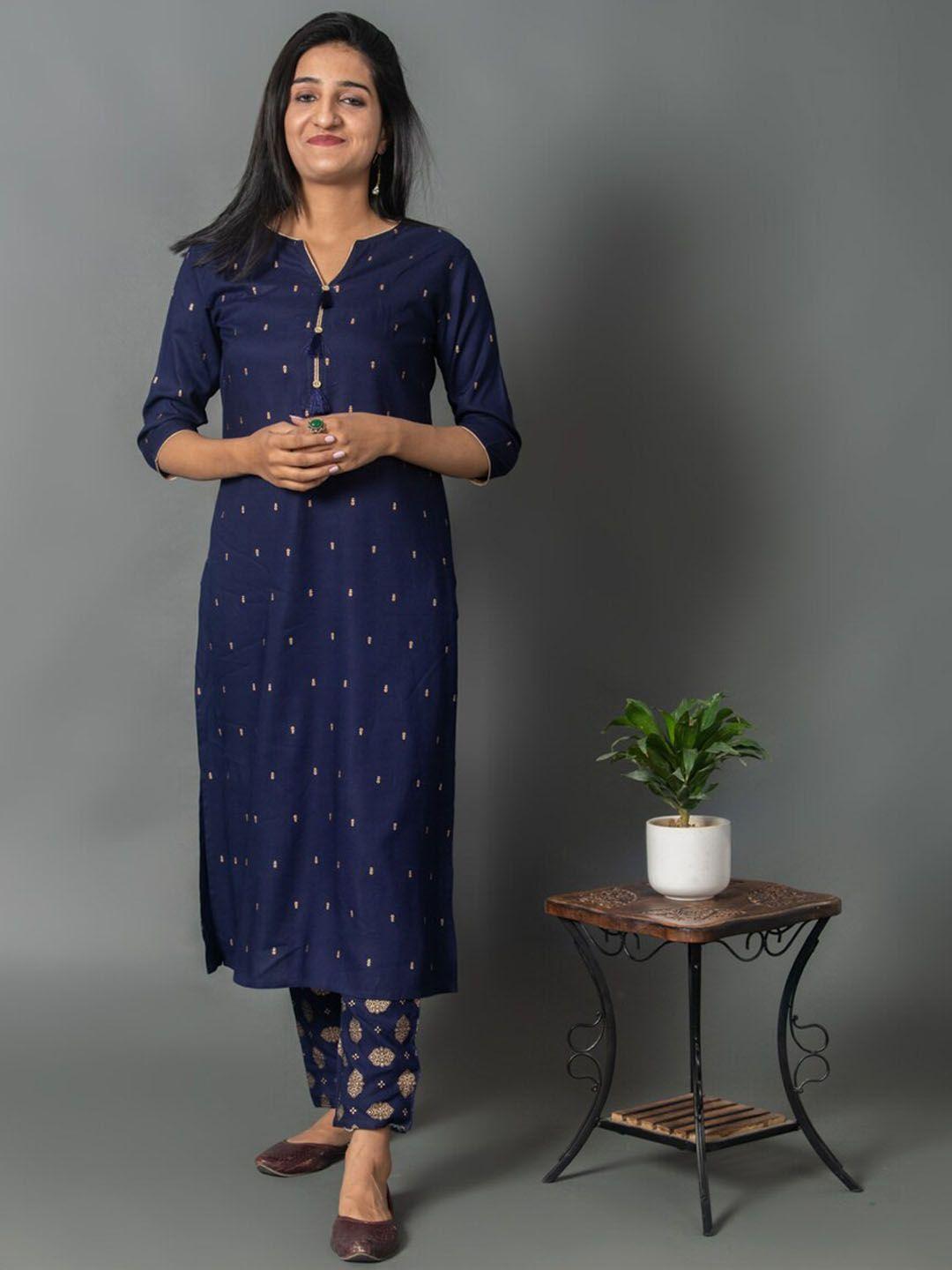 crafted for you women navy blue ethnic motifs printed kurta with trousers