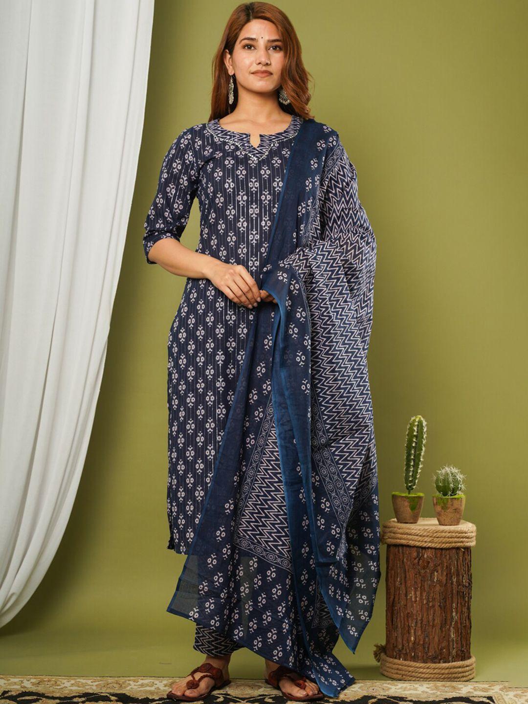crafted for you women navy blue printed cotton straight kurta with trousers & with dupatta