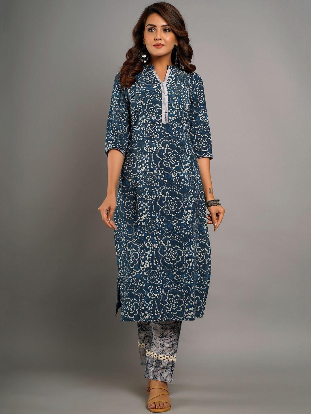 crafted for you women navy blue yoke design pure cotton kurta with trousers