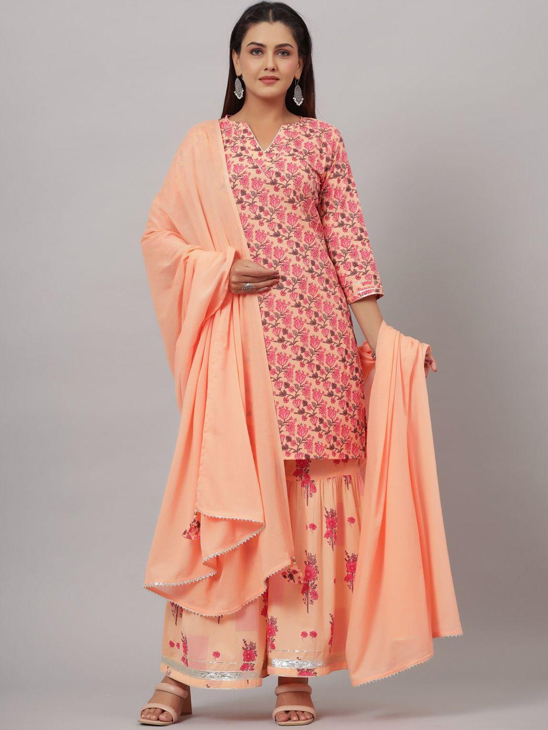 crafted for you women pink floral printed pure cotton kurta with sharara & with dupatta
