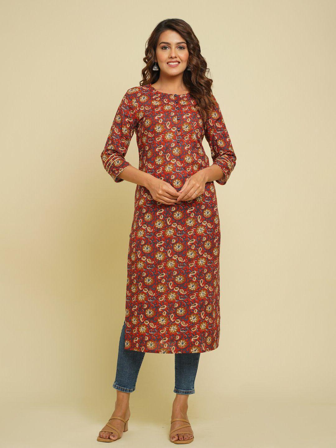 crafted for you women plus size red floral printed pure cotton kurta