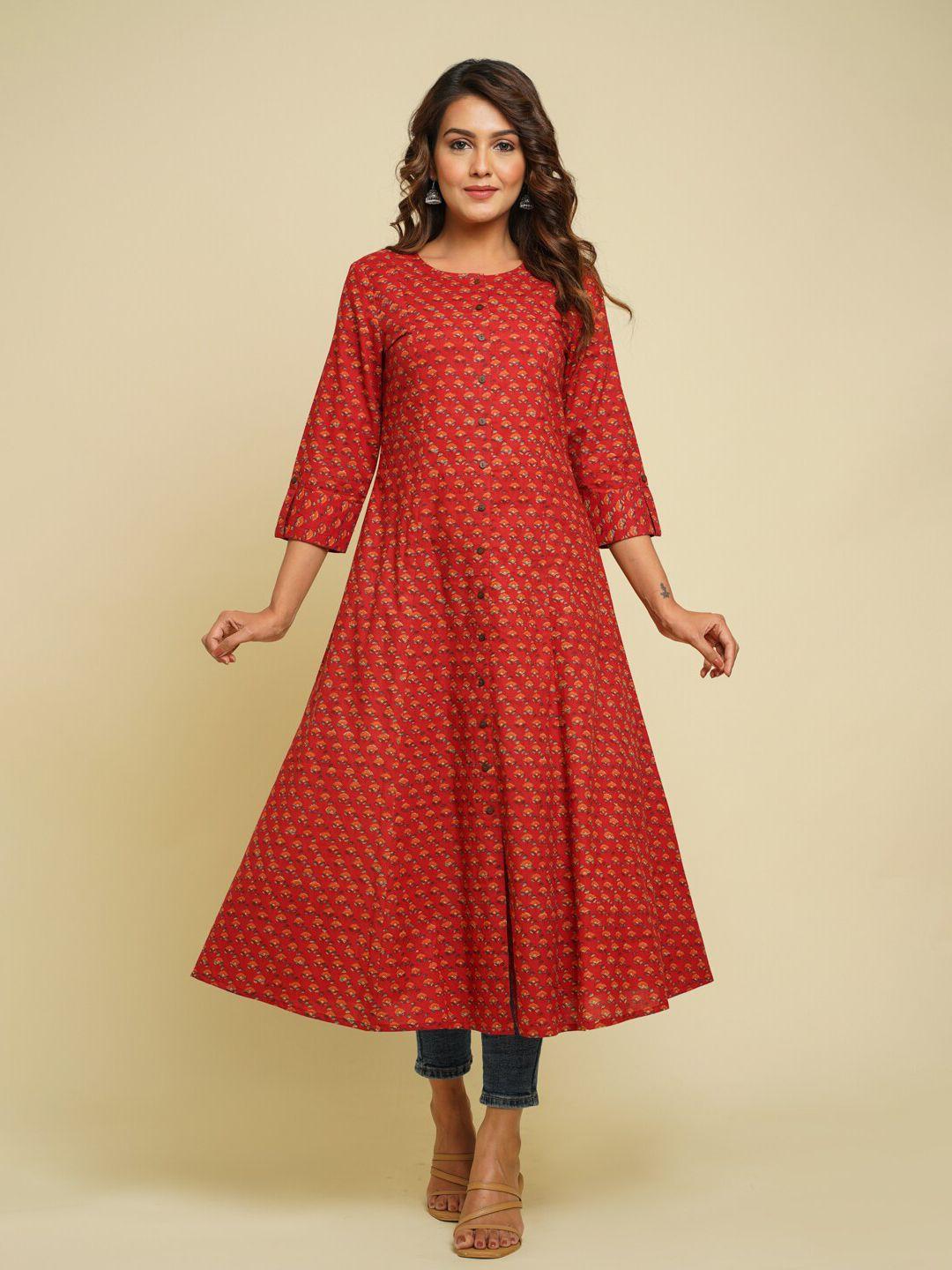 crafted for you women red floral printed pure cotton kurta