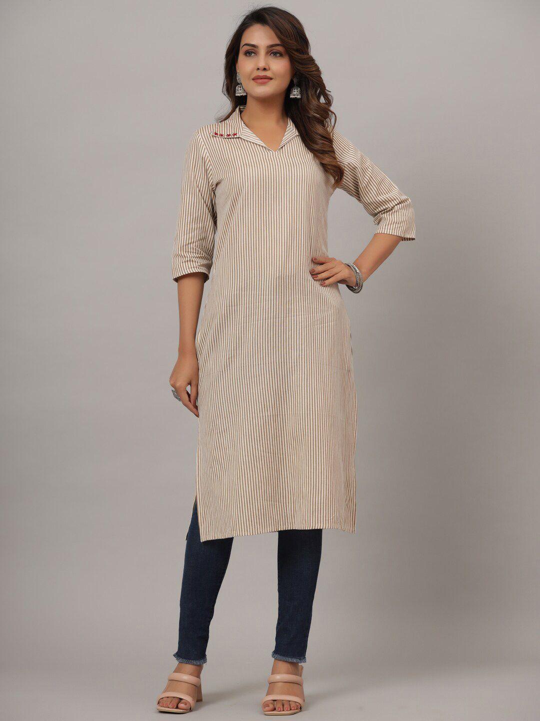 crafted for you women stiped cotton shirt collar straight kurta