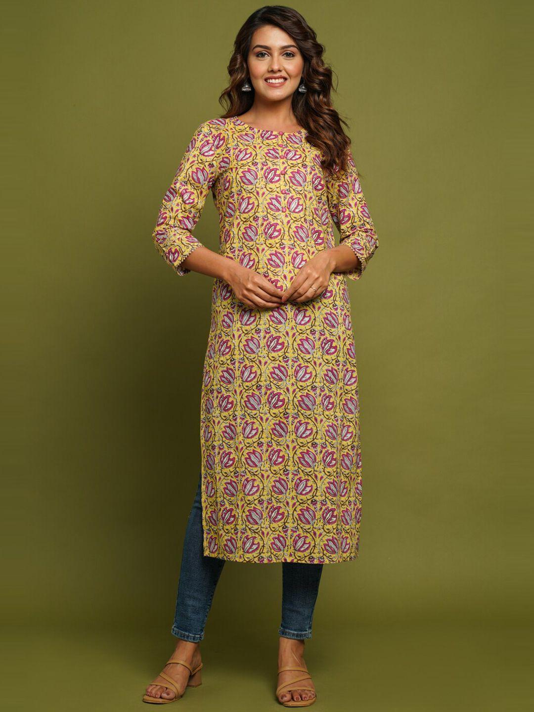 crafted for you women yellow & red floral printed pure cotton kurta