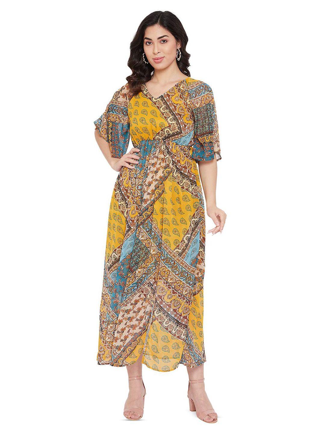 crally ethnic motif print v neck bell sleeve fit & flare maxi dress