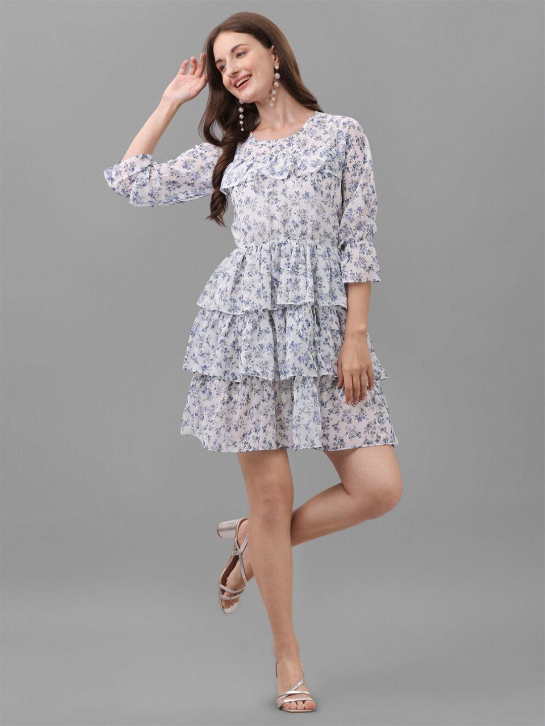 crally floral print fit & flare three-quarter puff sleeves mini tiered dress