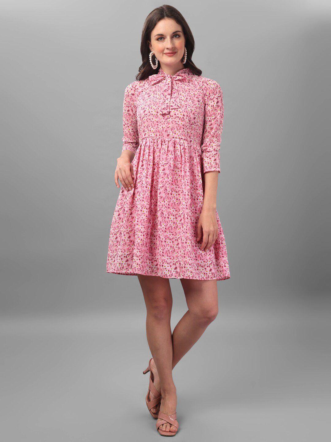 crally tie-up neck three-quarter sleeves floral print  fit & flare dress