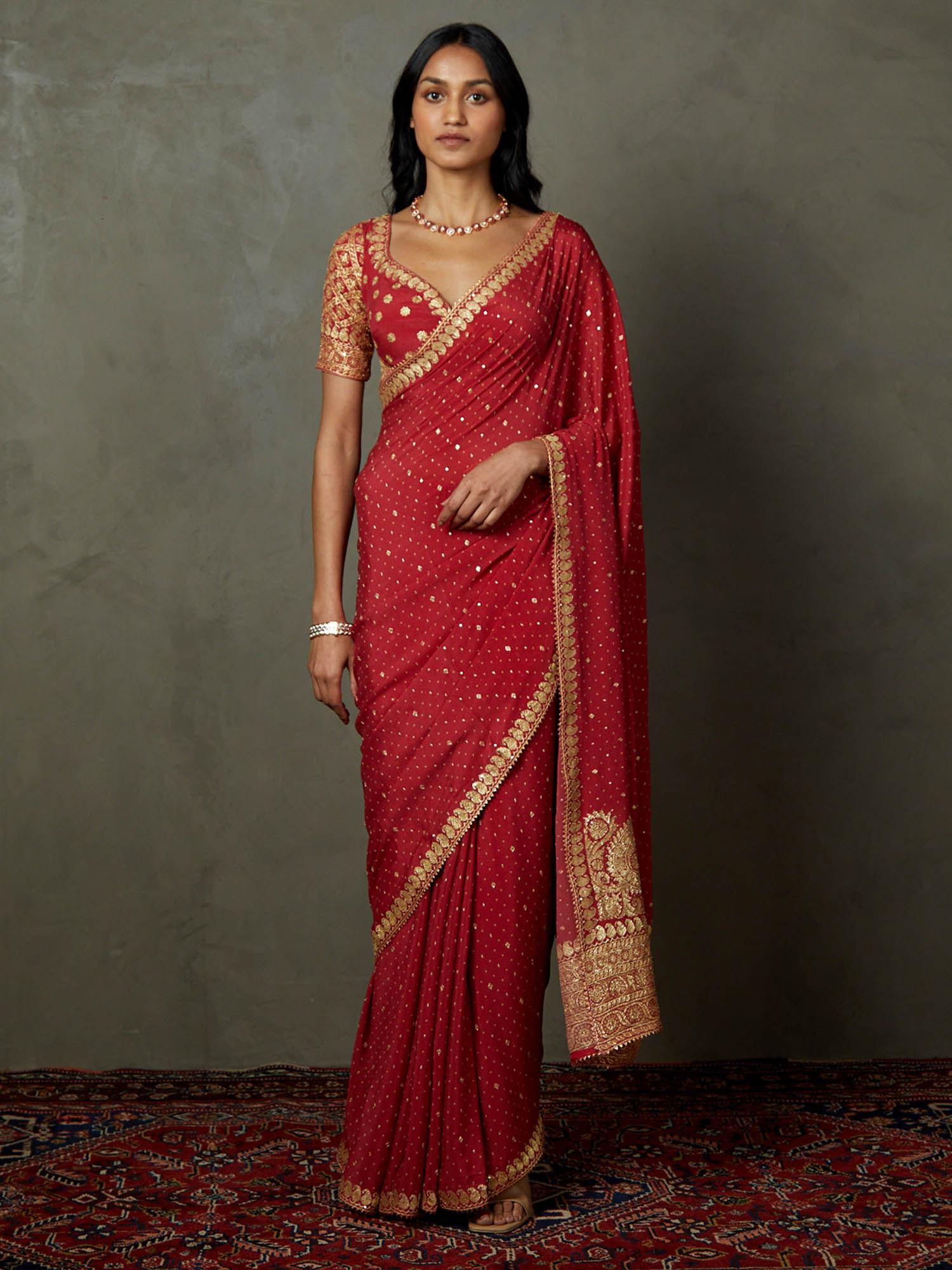 cranberry pink ari-hand emb ashvika saree with unstitched blouse