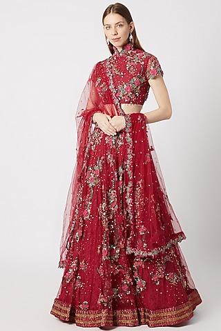 cranberry red embroidered lehenga set