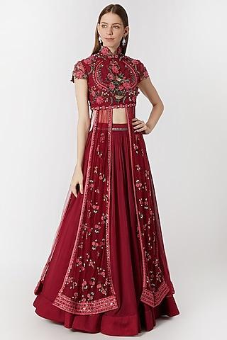 cranberry red embroidered lehenga with blouse