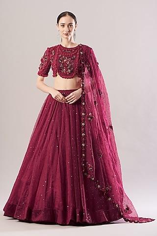 cranberry red hand embroidered lehenga set