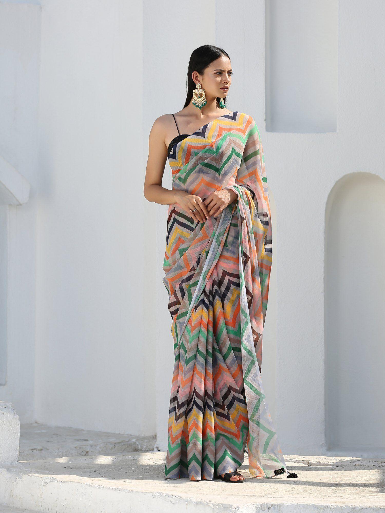 crayon chiffon saree with tassel pendants