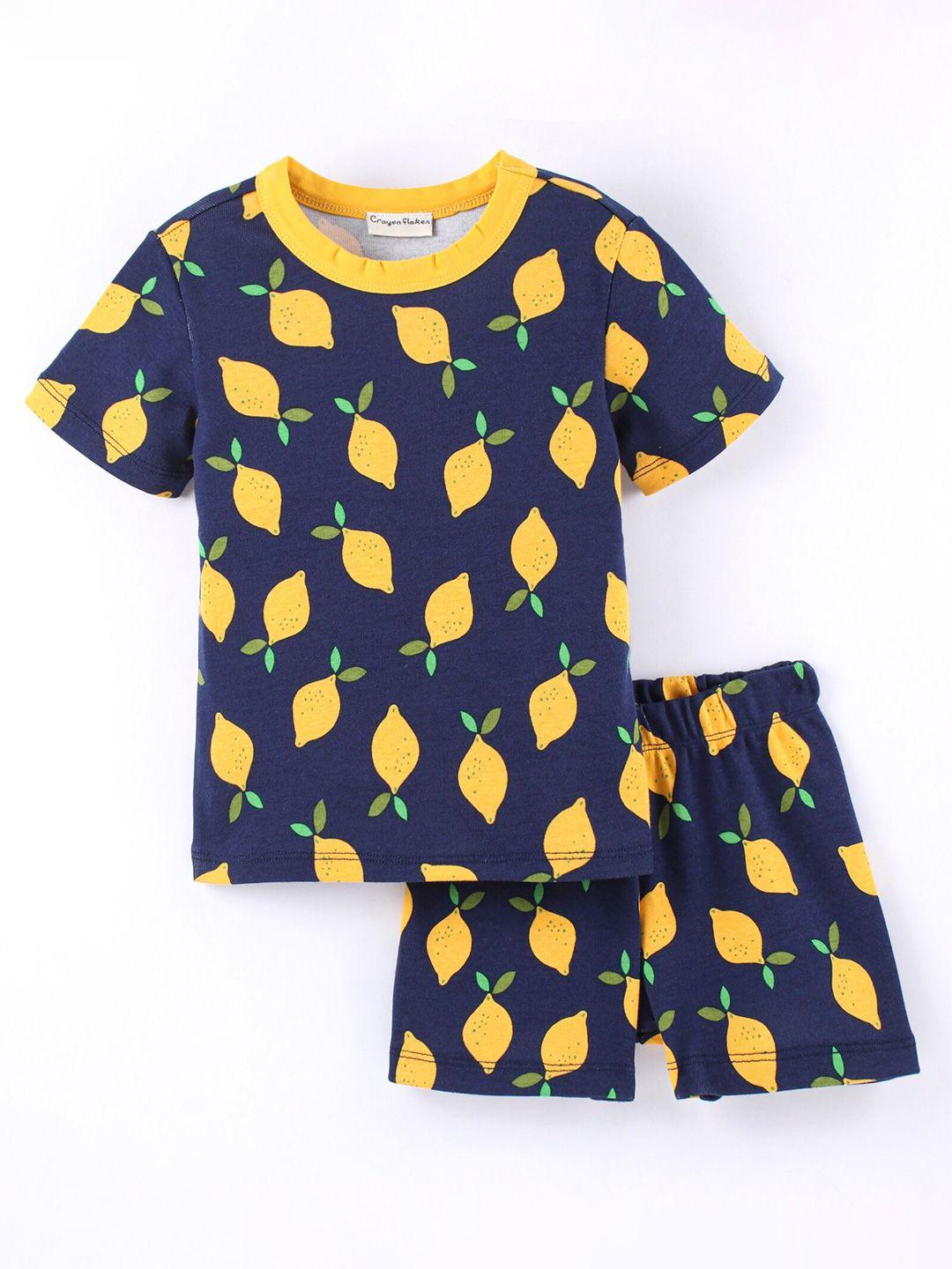 crayonflakes boys navy blue & yellow printed top with shorts