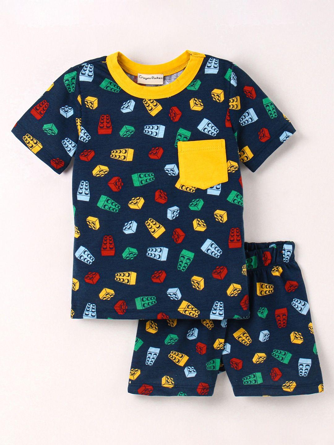 crayonflakes boys navy blue & yellow printed top with shorts