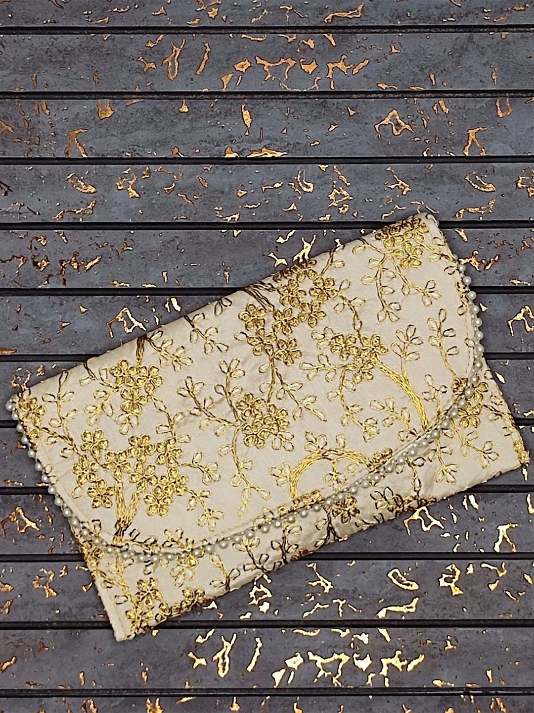 crayton women gold  & beige embroidered fabric purse clutch