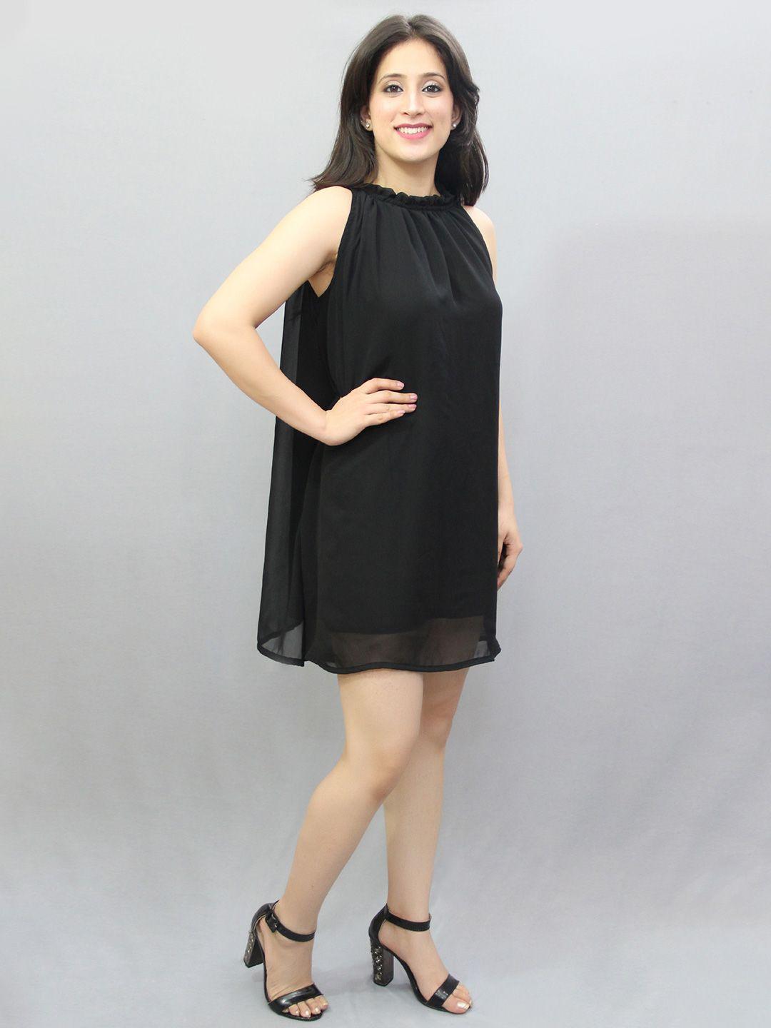 crazevilla black choker neck georgette a-line dress