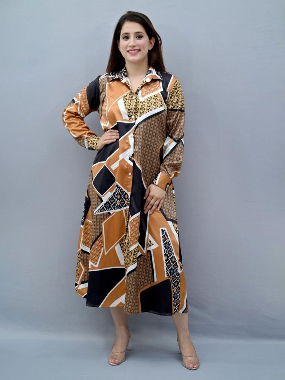 crazevilla geometric printed shirt collar cuffed sleeves shirt midi dress