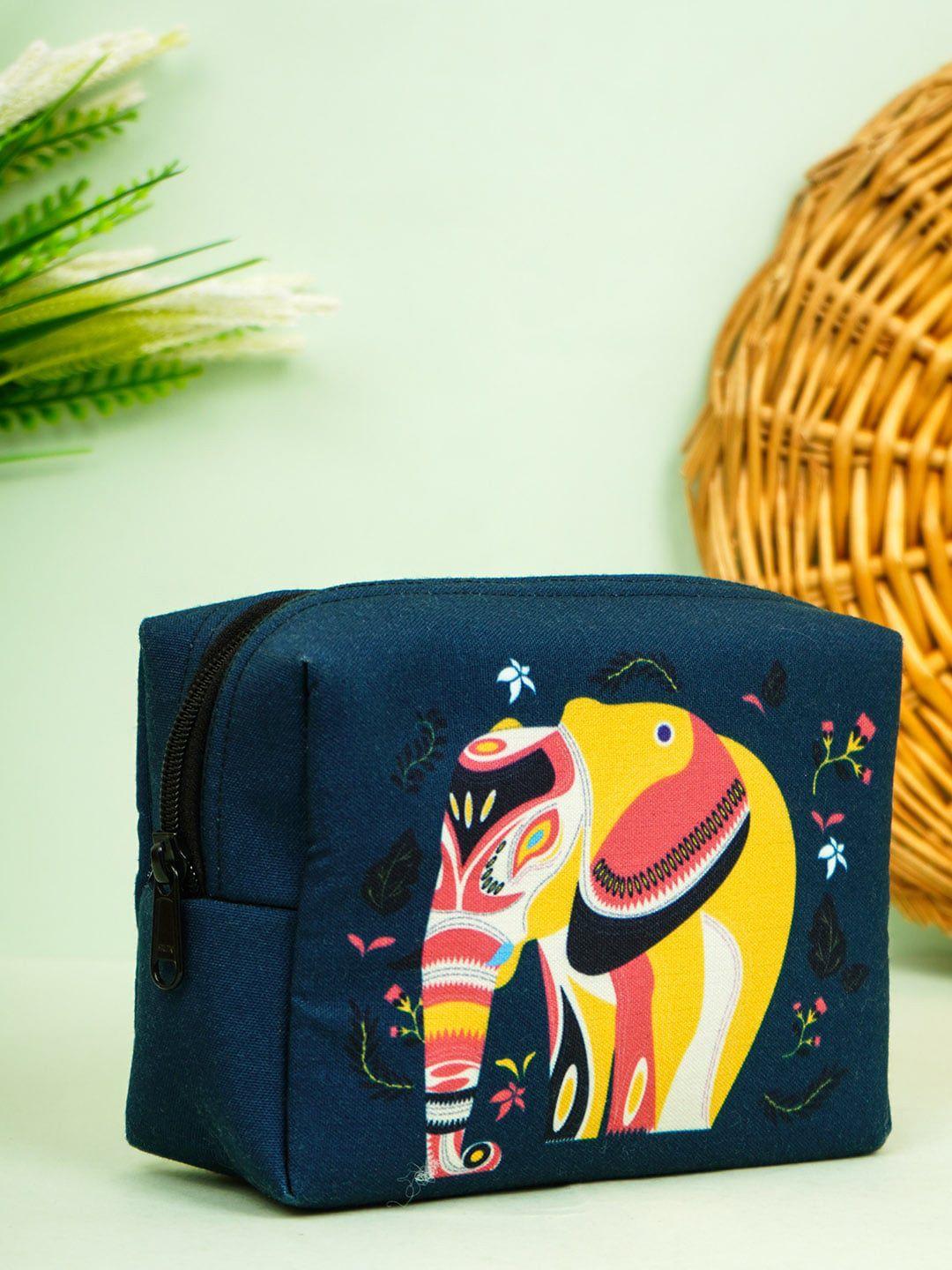 crazy corner navy blue & yellow printed makeup pouch