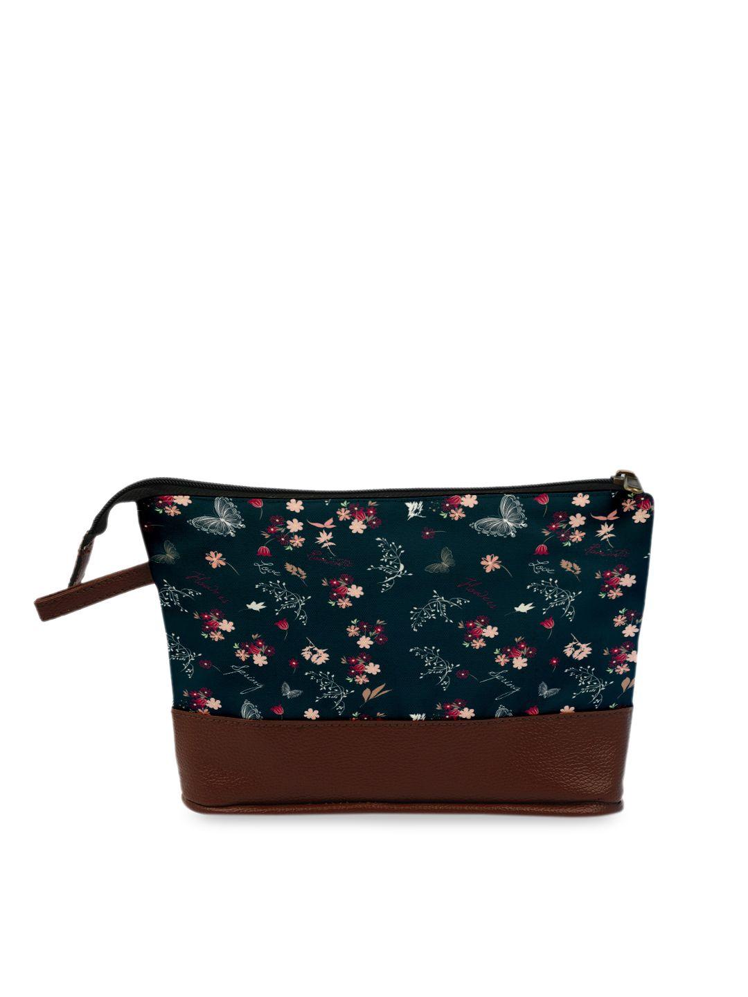 crazy corner teal blue & brown floral printed pu makeup pouch