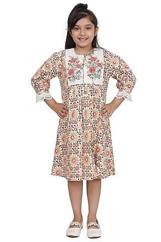 cream block printed dress for girls