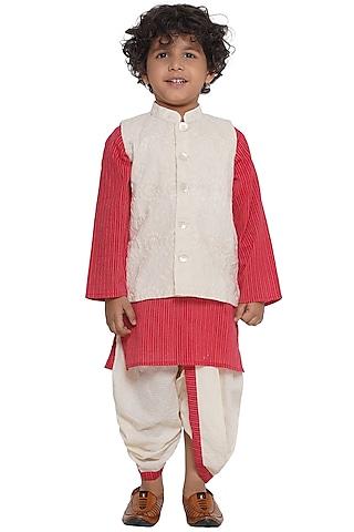cream cotton floral embroidered nehru jacket set for boys