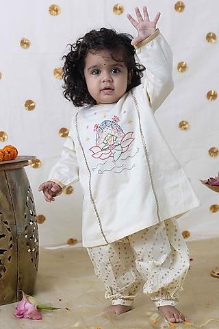cream cotton laxmi embroidered kurta set for girls