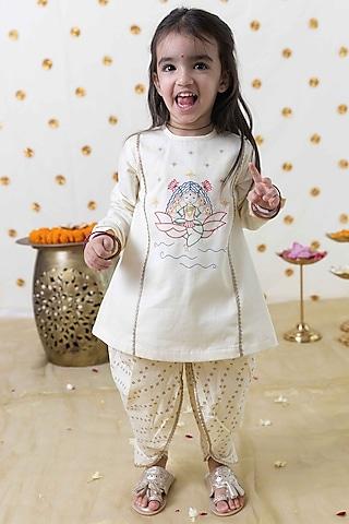 cream cotton laxmi embroidered kurta set for girls