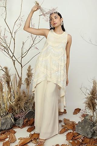 cream embroidered high-low tunic set