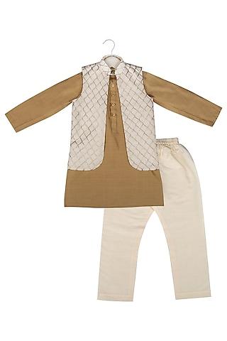 cream embroidered nehru jacket with kurta set for boys