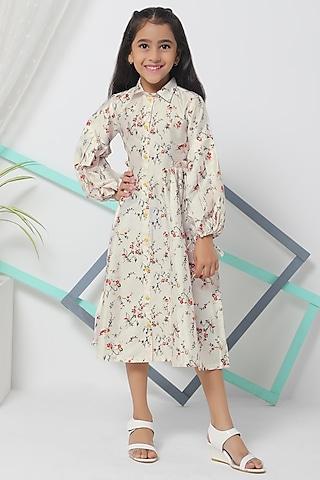 cream floral printed midi dress for girls