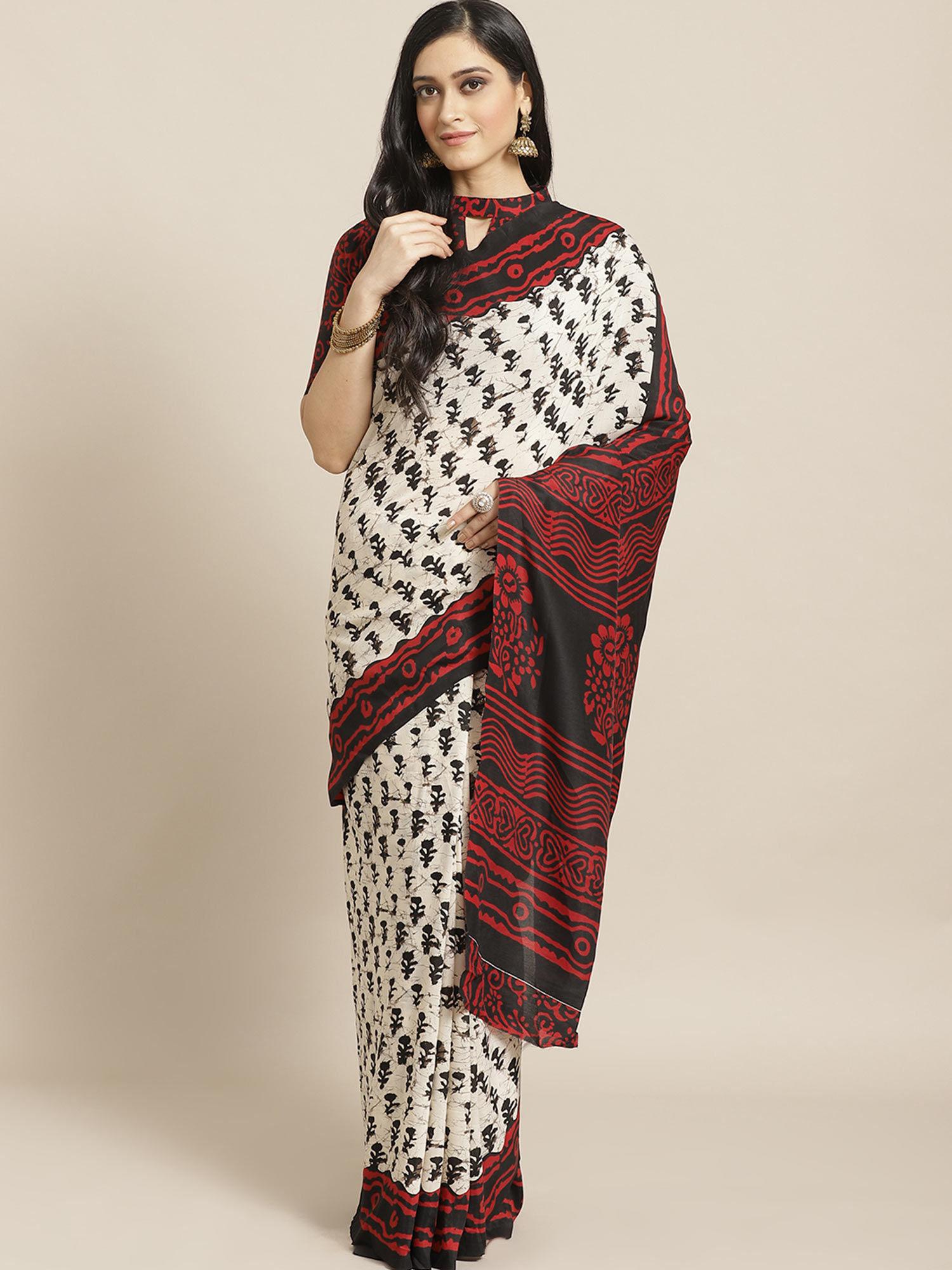 cream geometric saree with unstitched blouse