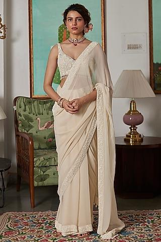 cream georgette cutdana embroidered pre-stitched saree set