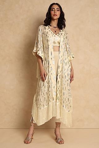 cream georgette self-embroidered high-low duster cape