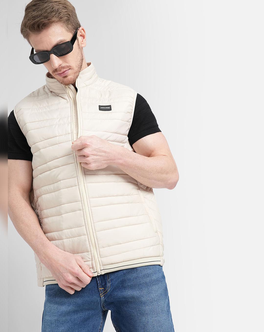 cream high neck puffer vest