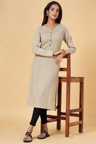 cream pattern calf-length  winterwear women regular fit  kurta
