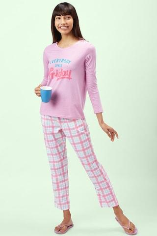 cream printeded round neck full sleeves women comfort fit t-shirt & pyjama set