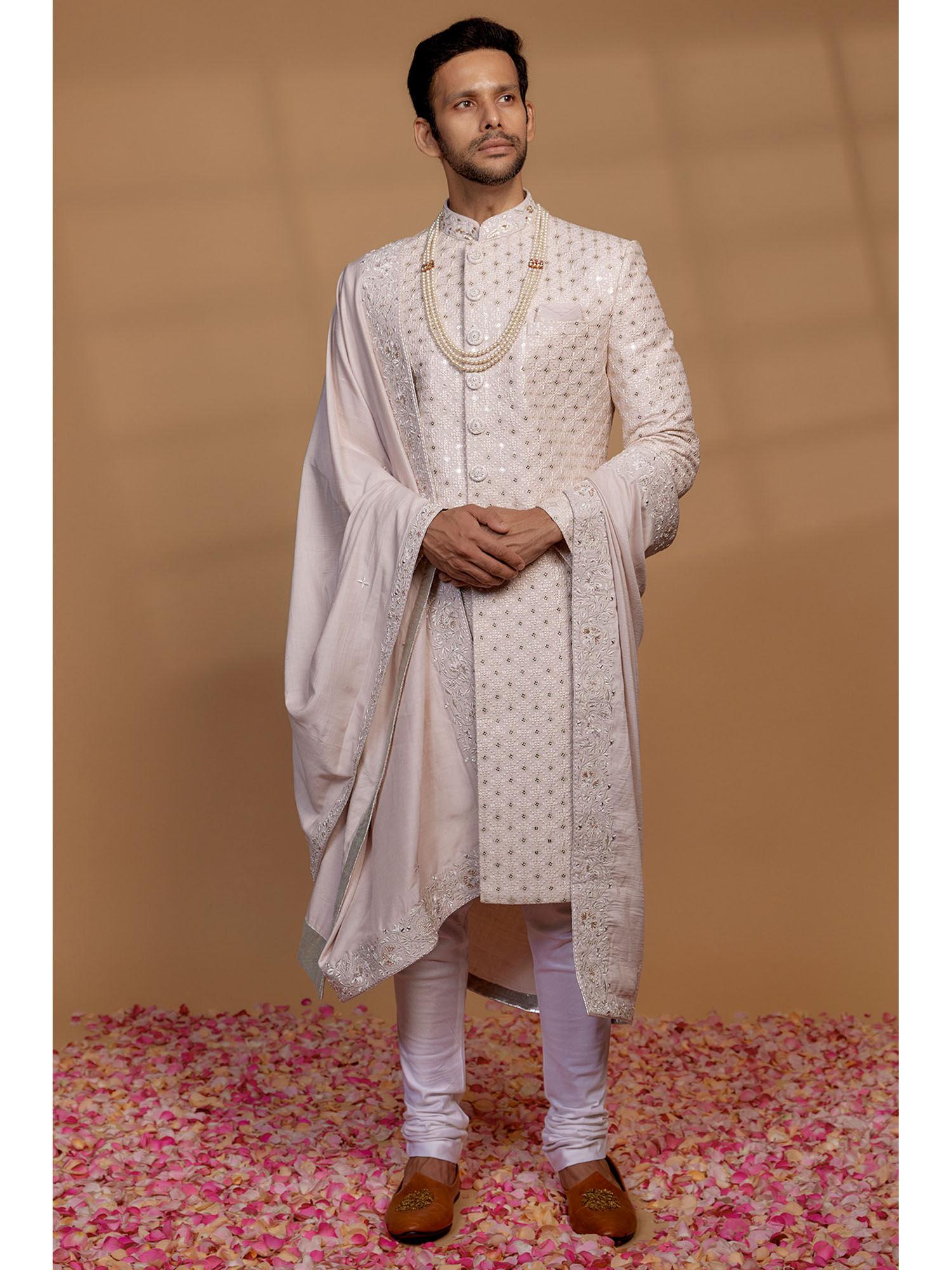 cream raw silk sequin embellished sherwani with churidar and shawl (set of 3)