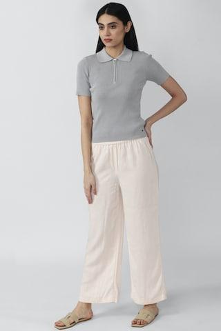 cream solid ankle-length formal women regular fit trousers