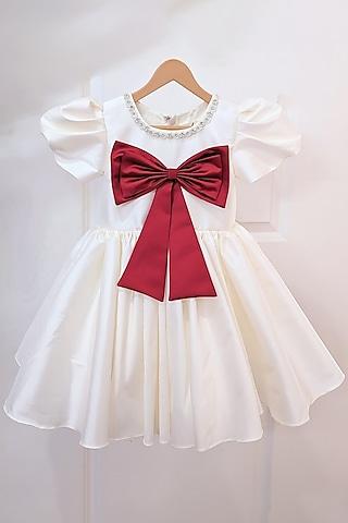 cream taffeta blend flared bow dress for girls