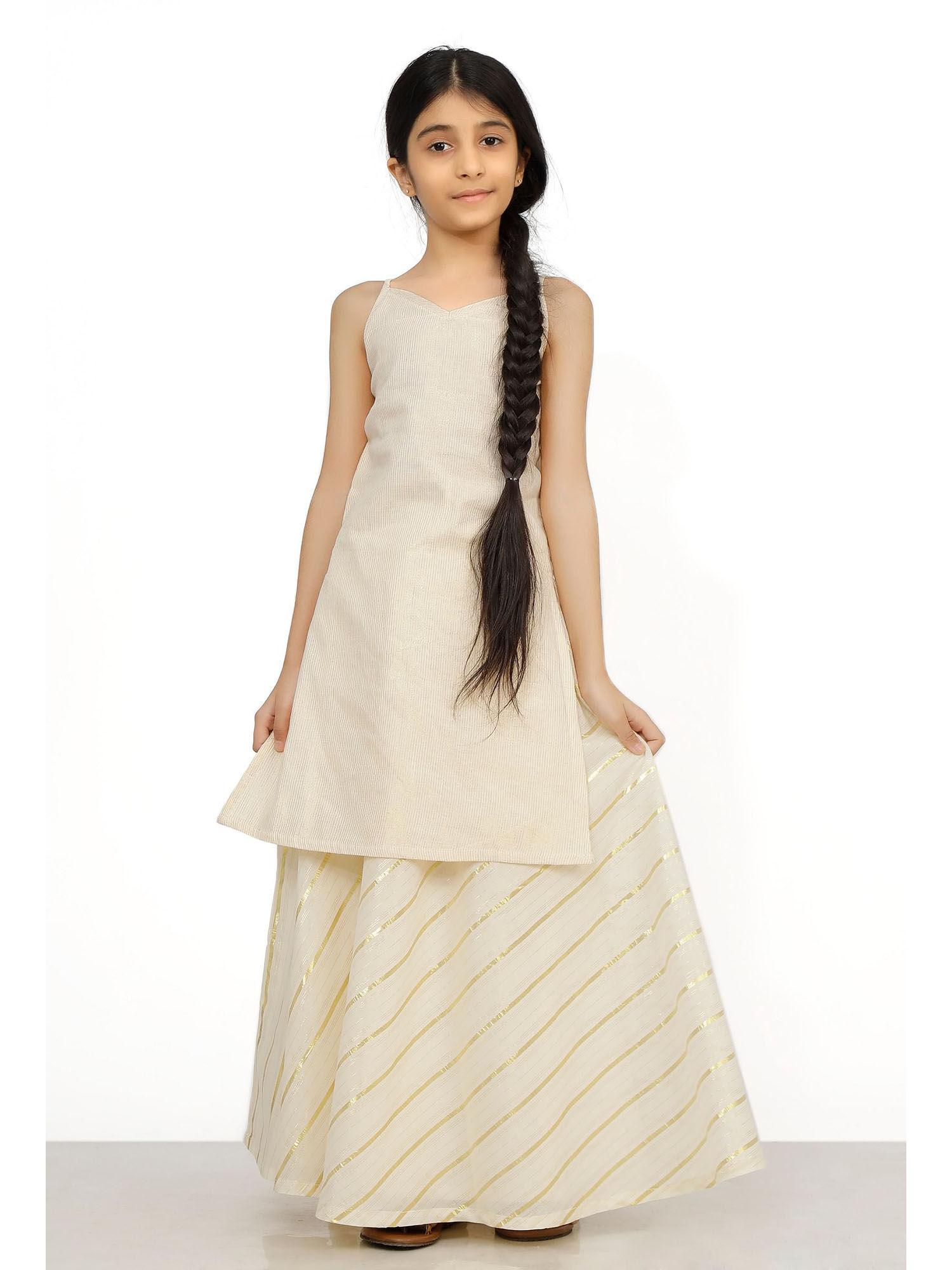cream white cotton anarkali kurti with skirt (set of 2)
