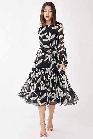 cream & black floral midi dress